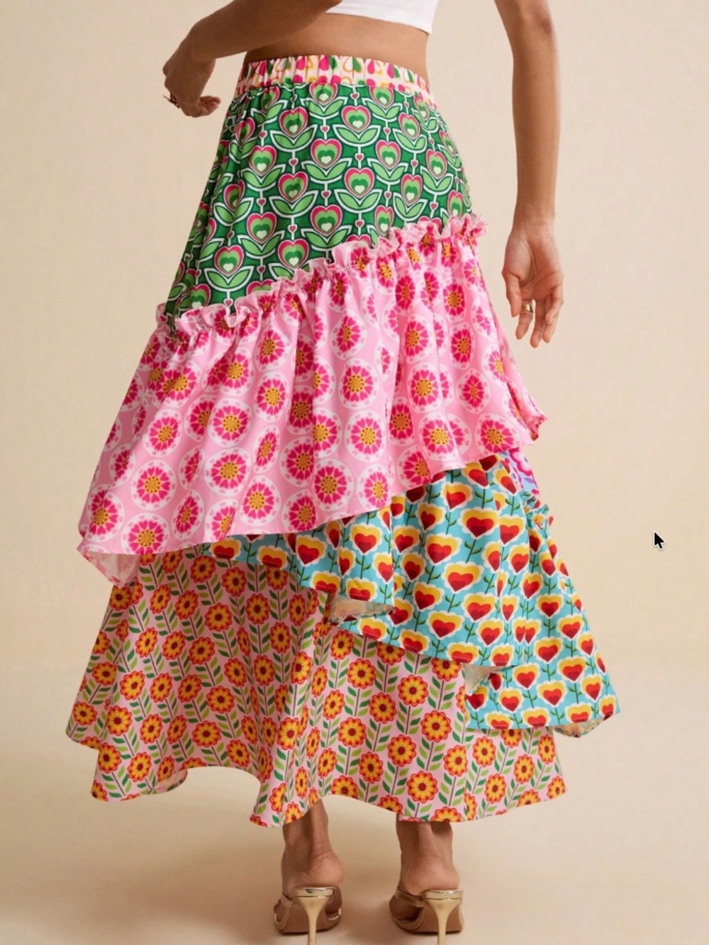Boho Floral Print Stretchy Waist Layered ruffle Maxi Skirt - Picture 5 of 5